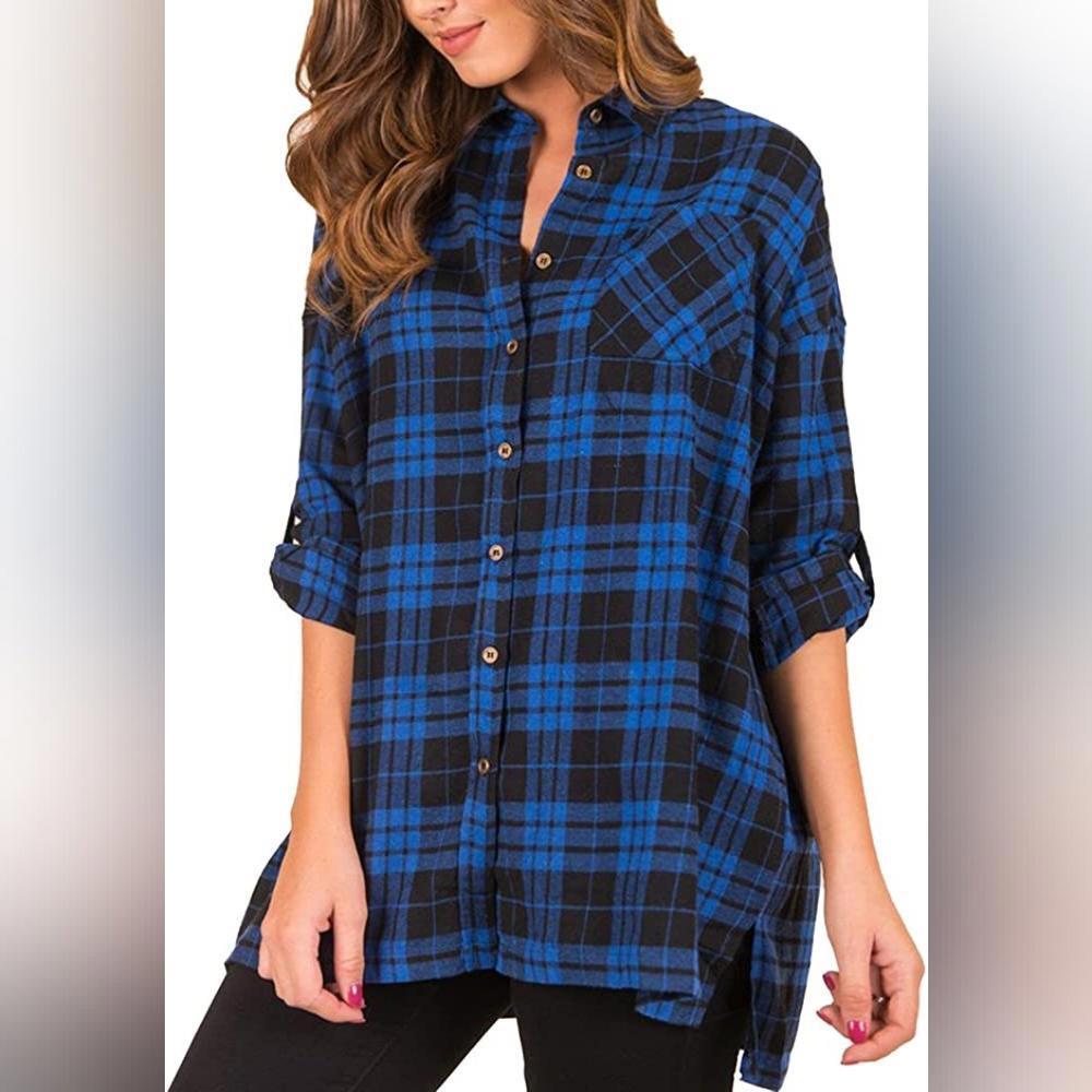 Plaid Shirts Button Down Tops Flannel Roll-up Sleeve Blouses Tunics